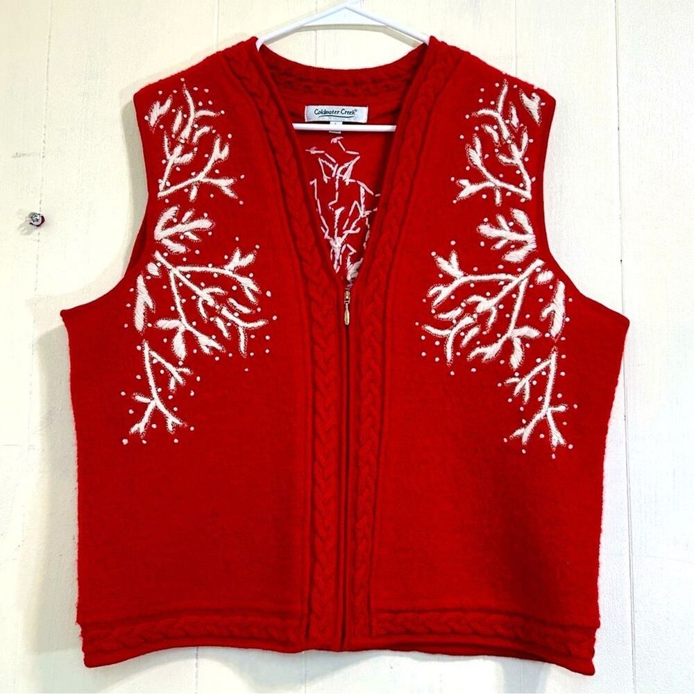 Coldwater Creek Red Vest Size Large 100%Wool Embroidered Zip Closure Grandma